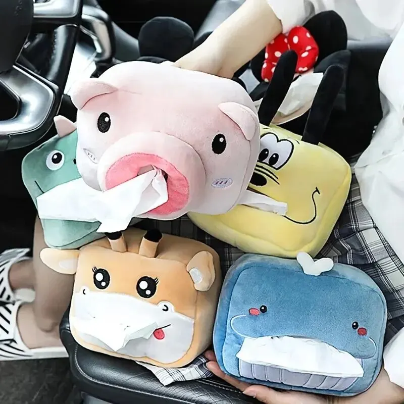 Cartoon Car Tissue Box Cute Plush Animals Napkin Paper Holder Portable Auto Armrest Box Tissue Paper Storage Case Car Decoration