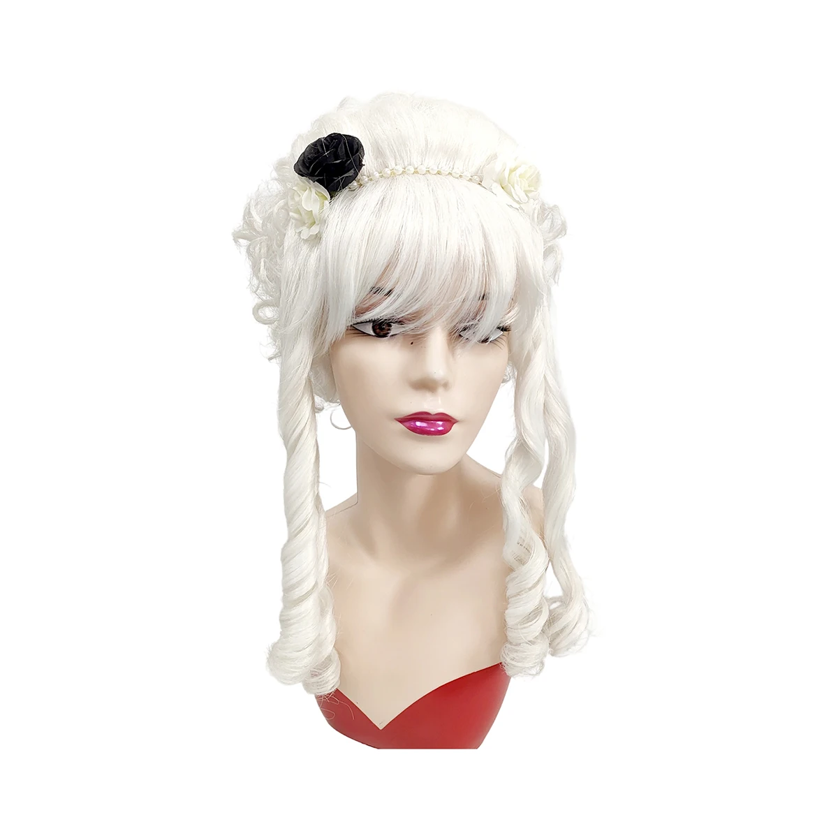 White Premium Synthetic Fiber Curly Wig with Bangs Spiral Curls Side Braids Fluffy Voluminous Updo with Pearl Flower Headband Black White Rose Accessories Lolita Gothic Style Adjustable Cap for Women Girls Cosplay Party Halloween Costume Role Play