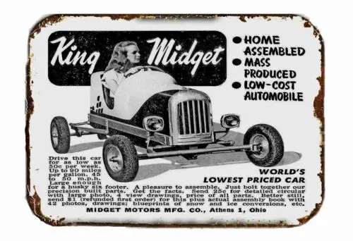 

Metal Tin Sign 8 x 12 1949 King Midget Home Assembled Cars - Vintage Look