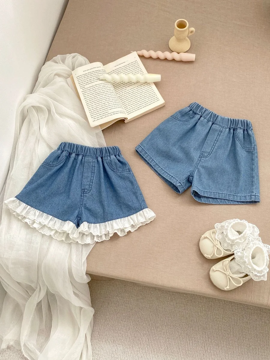 

INS Summer Baby Girl Denim Short 0-3Years Newborn Kids Solid Color Elastic Waist Lace Jeans Bottom Outfits Casual Clothes