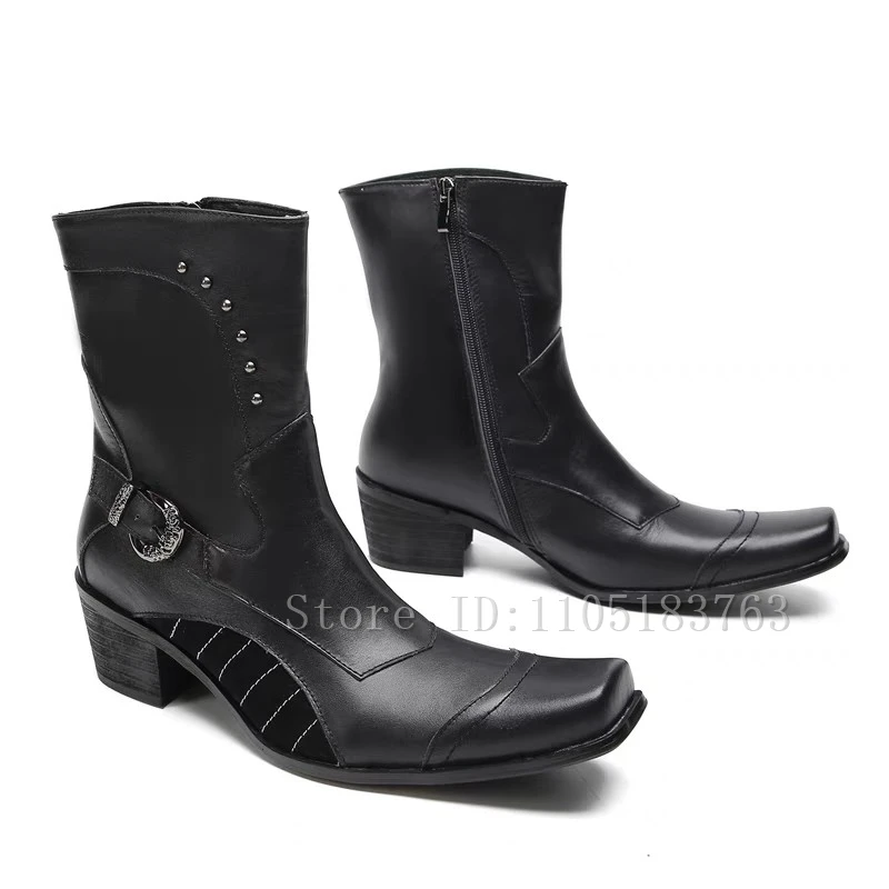 Suqre 발가락 블랙 소가죽 남성 비즈니스 부츠 벨트 버클 리벳 두꺼운 굽 발목 부츠 남성 파티 정장 구두