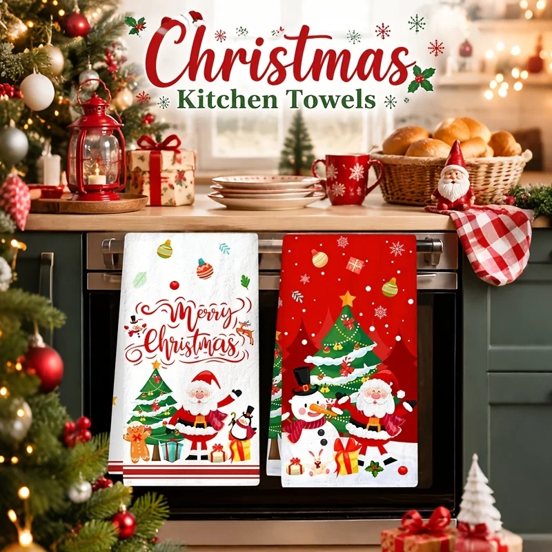 2 Christmas kitchen towels with Santa, snowman and Christmas tree motifs