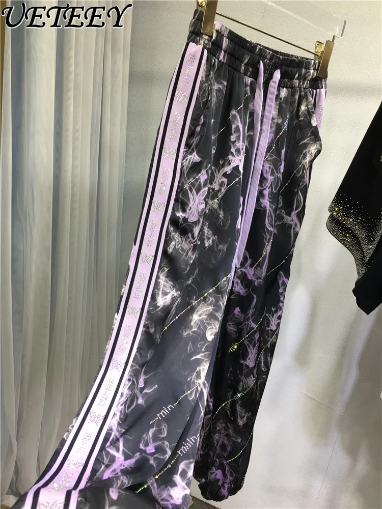

European Heavy Industry Hot Diamond Pants Women's Silky Satin Cool Elastic Waist Trousers Summer Versatile Tie Casual Pant