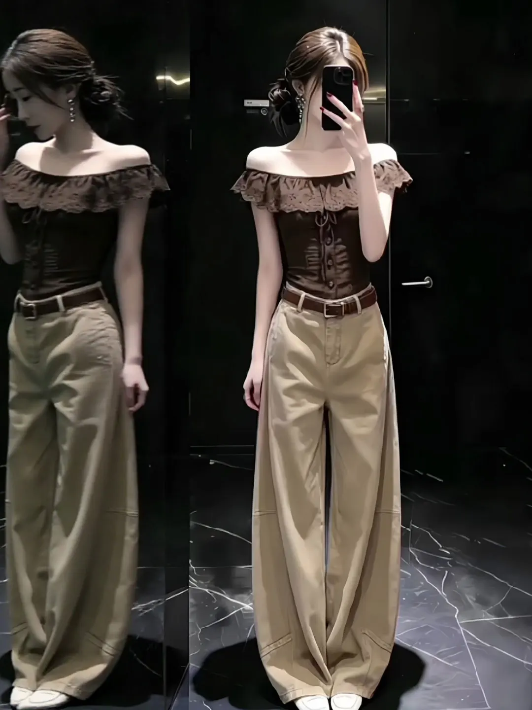 

Retro Unique Fashionable Shoulder Bared Waist Cinched Slim Fit Shirt for Women Summer 2026 Short Sleeve Casual Elegant Lady Top