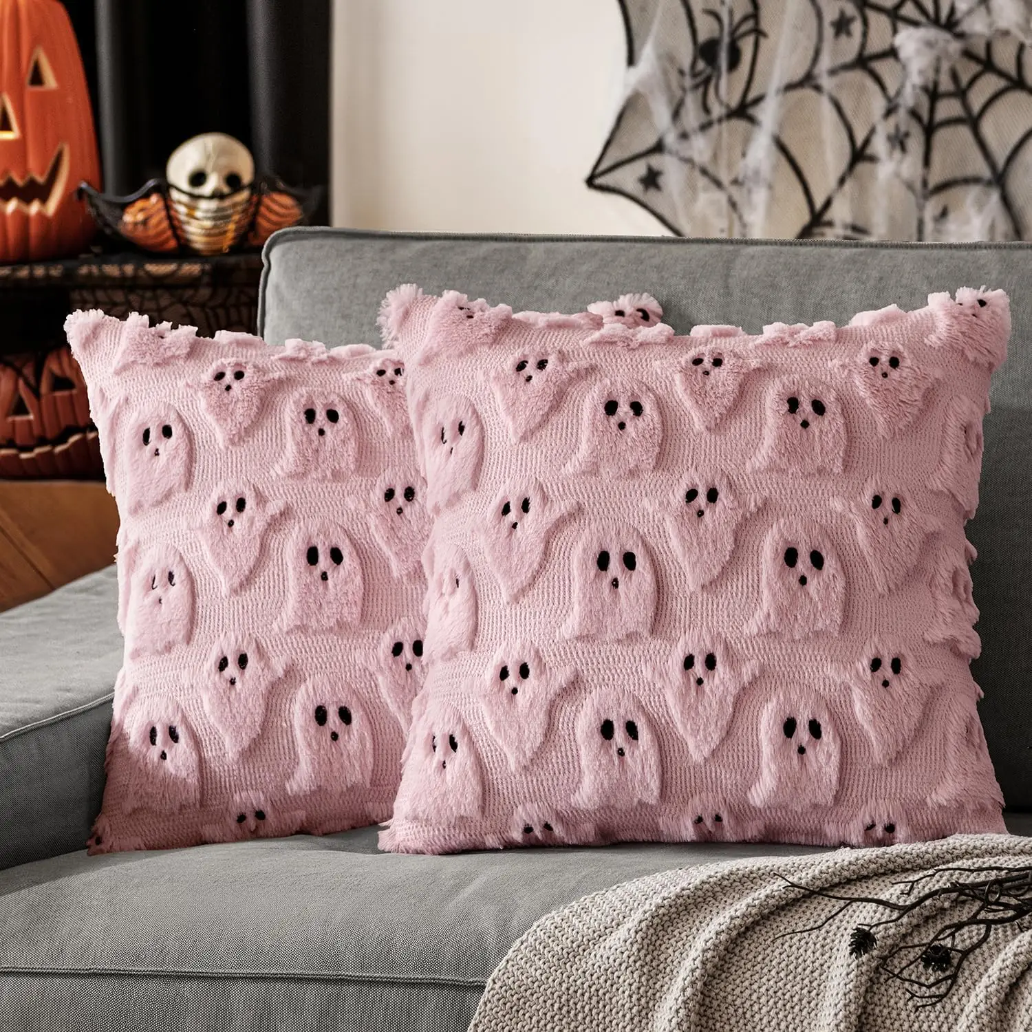 Capas de almofada MIULEE Halloween – Conjunto de 2 capas de almofada de pelúcia fantasma fofo, 18 x 18 polegadas, branco