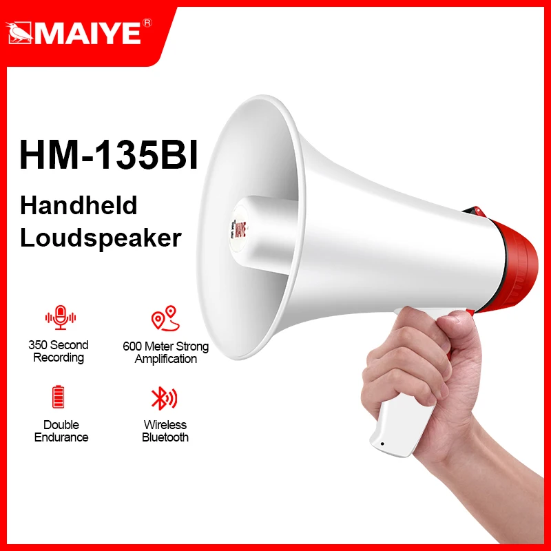 Hand-held megaphone loudspeakers are hawked by stores advertising rechargeable recording loudspeakers