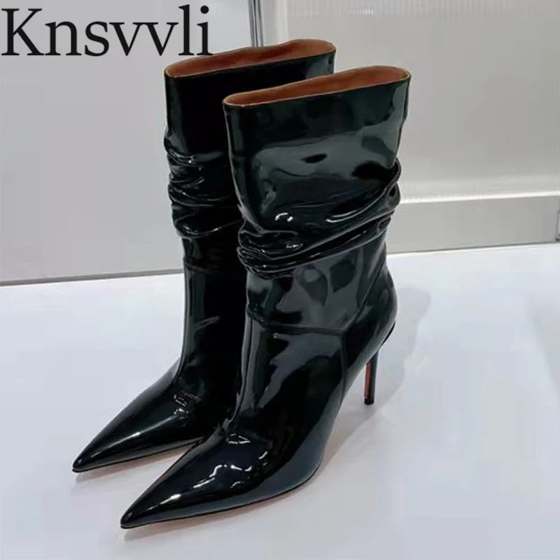 

Thin Heels Pleated Boots Women Fashion High Heels Slip-On Ankle Boots Female Genuine Leather Pointy Toe Modern Boot Woman