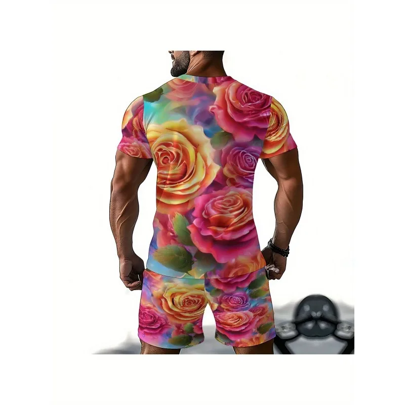 2025 Fashion Men's Round Neck Short Sleeved T-shirt Shorts 2-piece Set Summer Casual 3D Printed Sports Polyester Fiber Set
