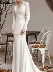 Elegant Deep V-Neck Lace Satin Full Sleeves Cut-out Mermaid Wedding Dresses For Women 2024 Court Train Bridal Ball Gowns