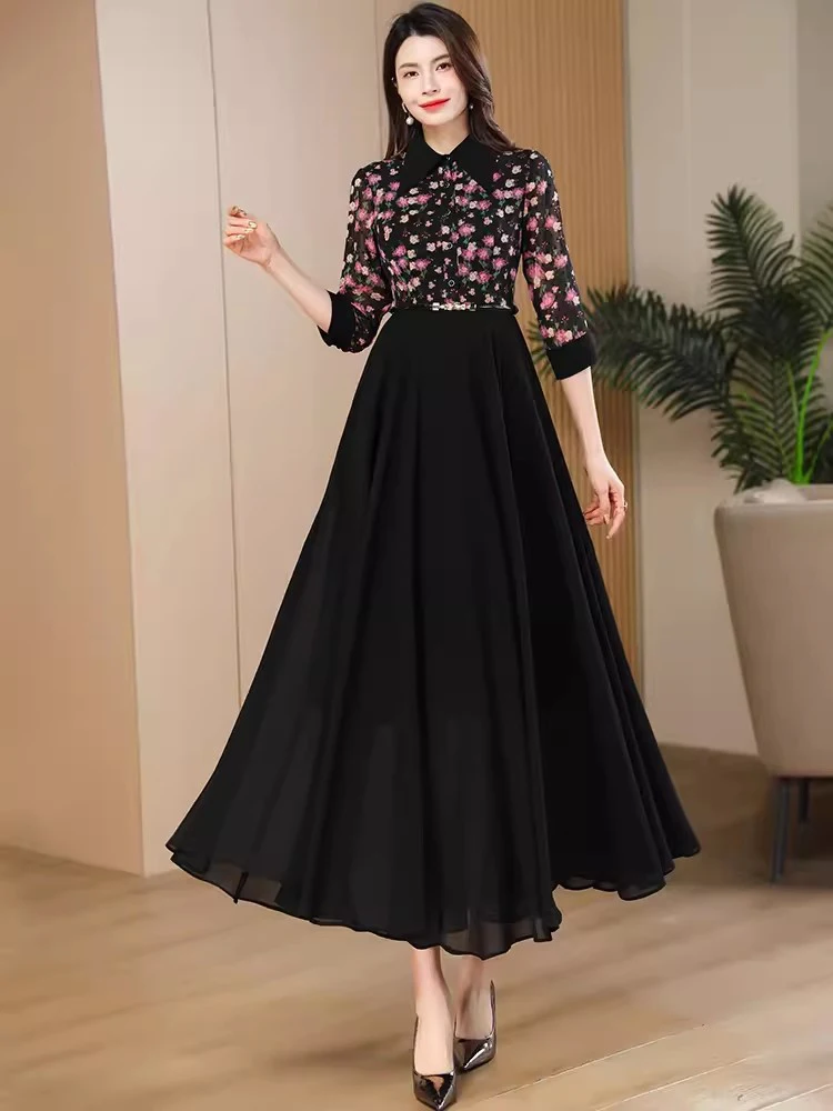 New Women Spring Summer Floral Chiffon Dress Fashion Shirt Collar Print Patchwork Slim Long Dress Elegant Flowing Mid-Calf Dress