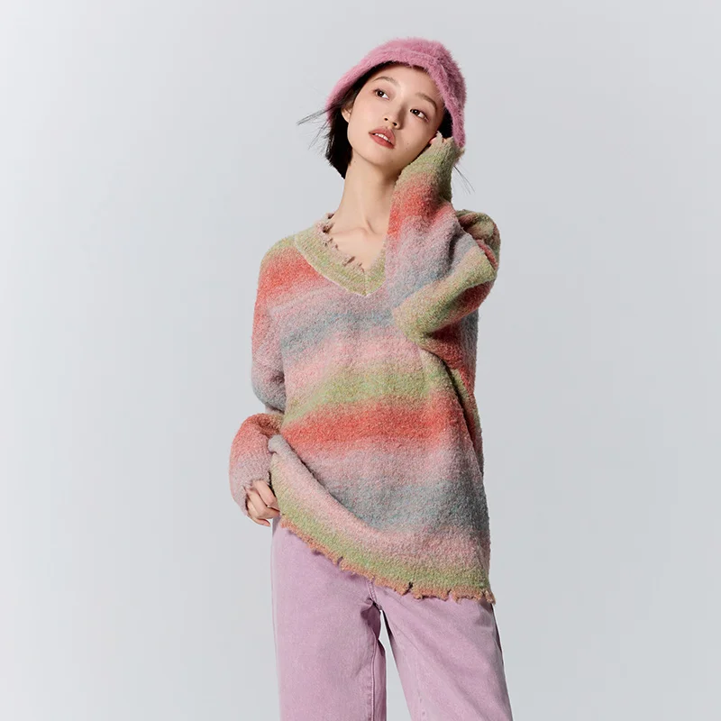 Semir Sweater Women Mid-Length Loose Personality Lazy 2024 New Winter V-Neck Gradient Minority Sweet Cool Striped Shirt