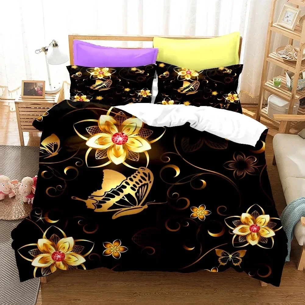 Golden Butterfly Pretty Blue Butterfly Bedding Set Boys Girls Twin Queen Size Duvet Cover Pillowcase Bed Kids Adult