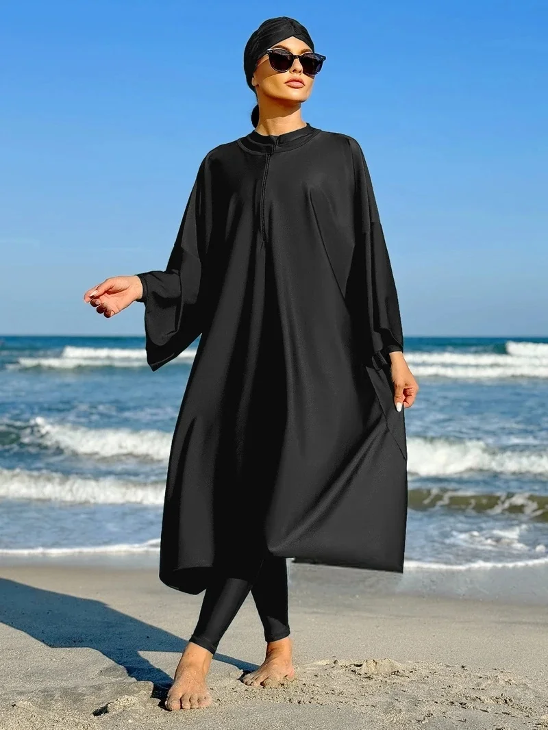 Modest Swimwear Burkini Muslim All Covered Loose Swimwear for Women Solid Color Long Sleeved Robe and Onesie swimwear with Hijab