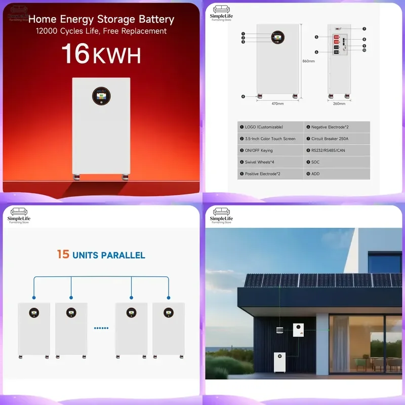 15kWh 16kWh 20kWh LiFePO4 Battery Pack Household Energy Storage Solar System Inverter Lithium Ion Battery for Home Power Wall