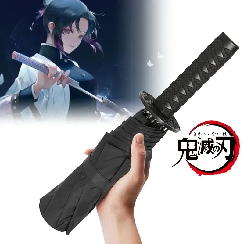 Demon Slayer Katana Umbrella Three-folding UV Black Parasol Kimetsu No Yaiba Tanjirou Ninja Katana Sword Handle Umbrella Parasol