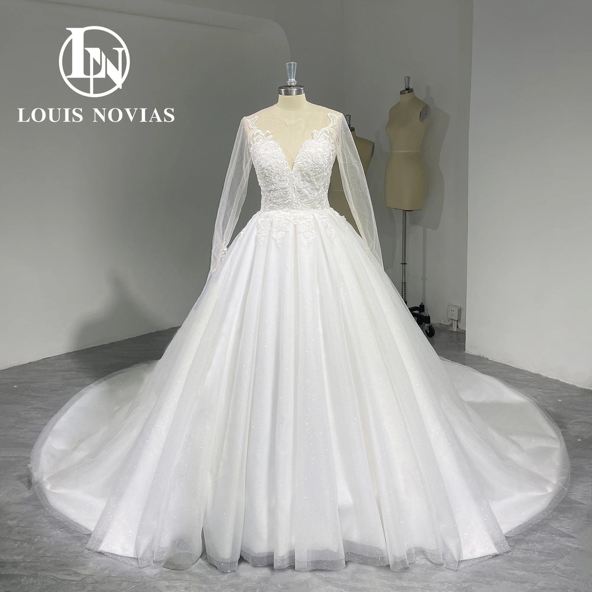 LOUIS NOVIAS Ball Gown Long Sleeve Wedding Dresses For Women Exquisite Sweetheart Sparkling Tulle Wedding Gown 100% Real Photo