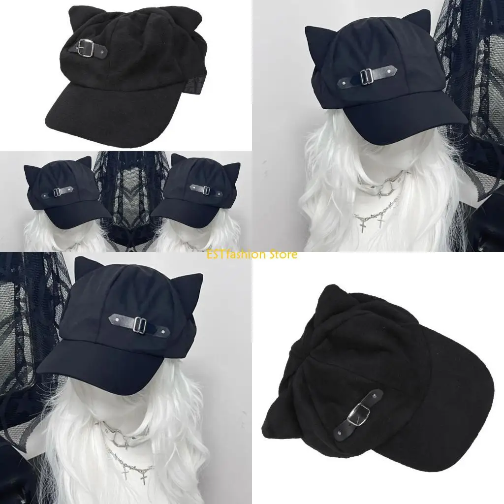 Y5GC اليابانية القطط الأذن الرسام قبعة للنساء فتاة 2000s حواف طويلة قبعة الشمس الشارع ارتداء الهيب هوب قبعات قبعة بيريه شعبية