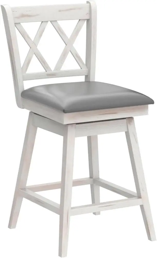 バースツール 4脚セット、360 °   回転式、25フィートのカウンターハイト、フットレスト、布張り、アンティークホワイト+グレー