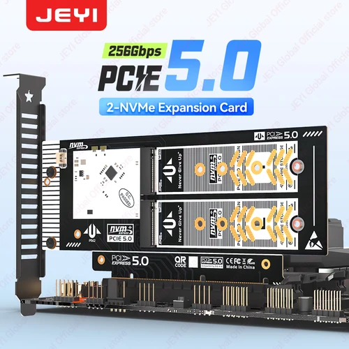 JEYI admite adaptador RAID PCIe 5,0 a Dual M.2 NVMe (256 Gbps) -La tarjeta admite ranura X8/X16 para SSD 2280/2260/2242/2230