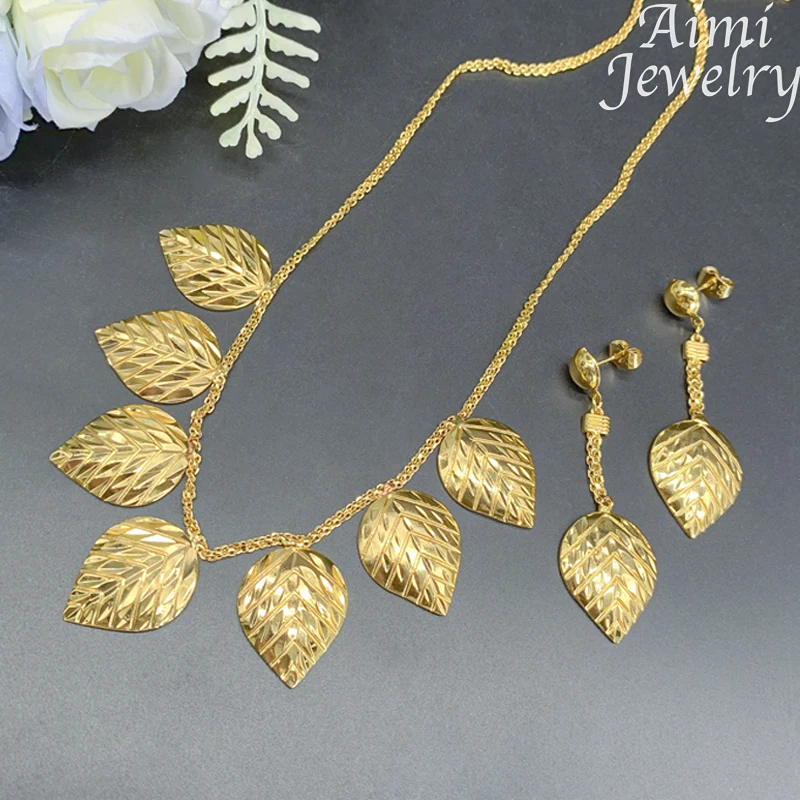Leaf Shape Simple 18K Gold Plated Jewelry Set for Women Exquisite Chunky Hoop Earrings Necklace Dubai Bridal Wedding Party Gifts