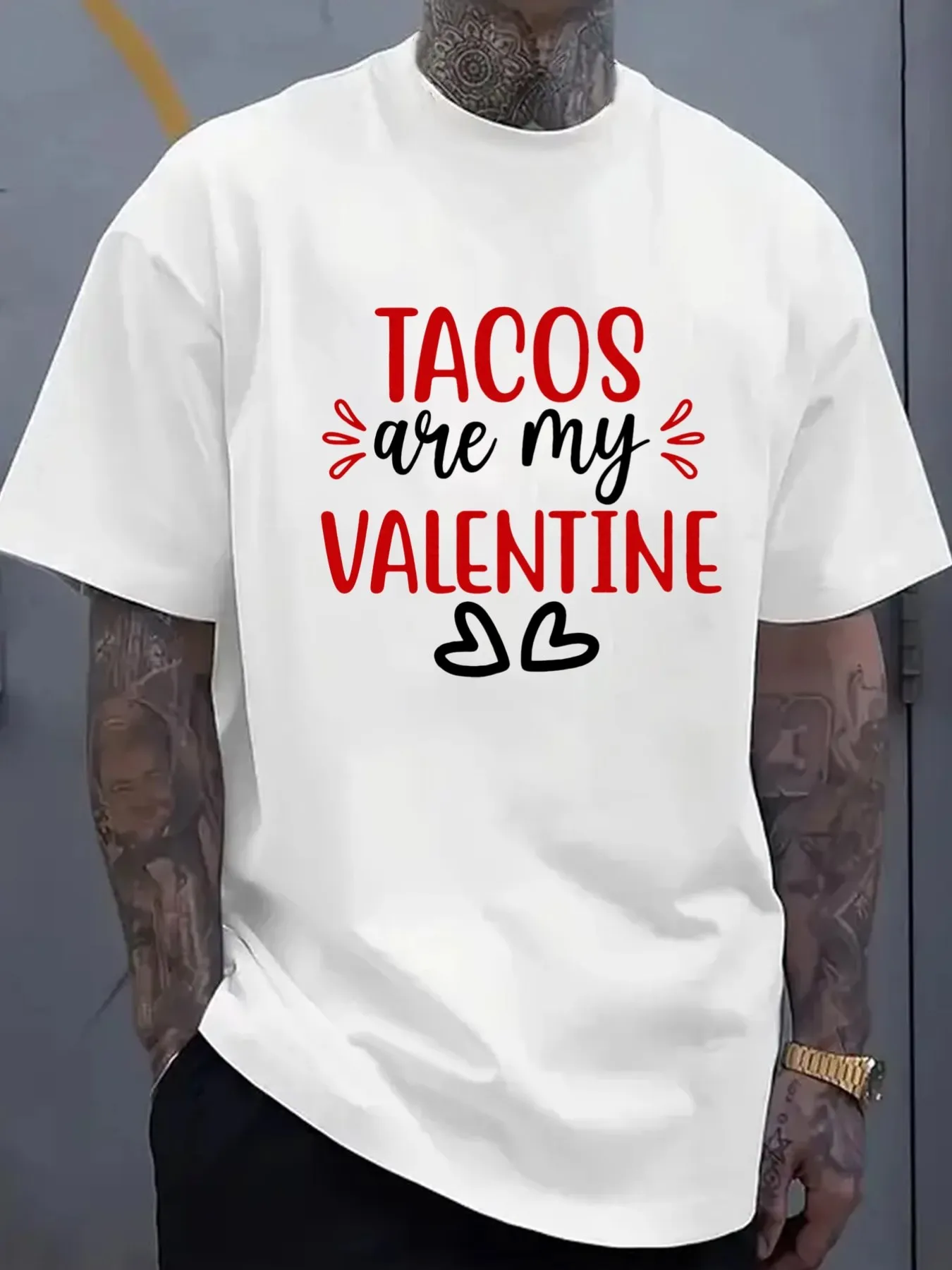 Men's White T-Shirt with a Mexican Taco Design for Valentine's Day, Perfect for Summer. This Regular-Fit Casual Outfit Is Perfect for Any Season and Makes an Excellent Gift Choice. These Printed T-Shirts Embody Street Style and Are Perfect for Exercising.