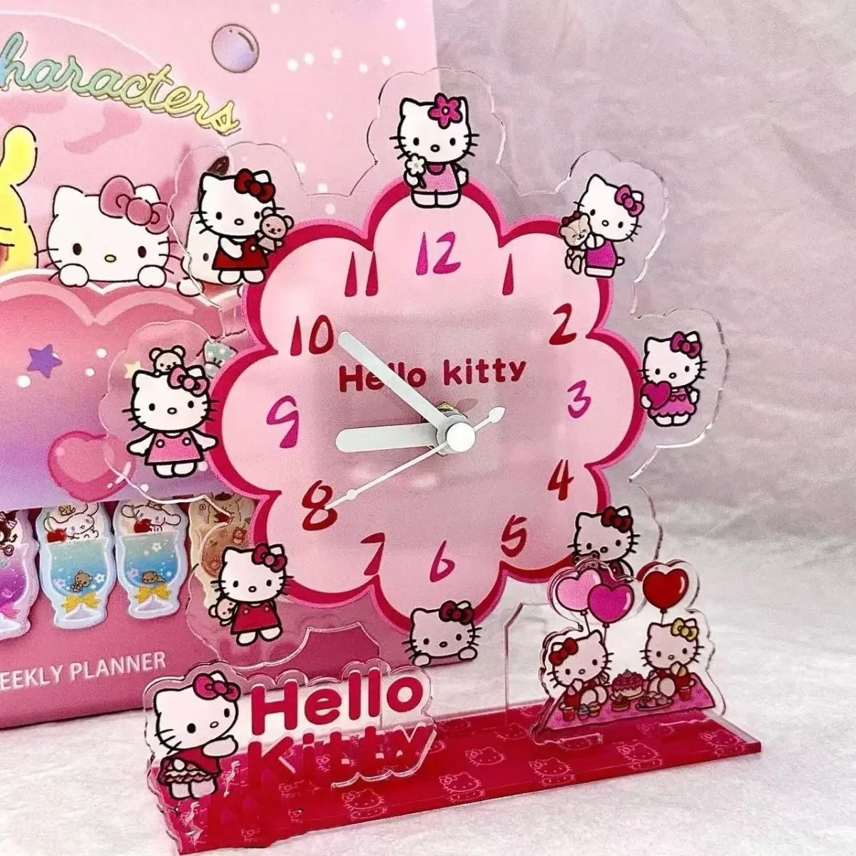 New Hello Kitty Acrylic Stand Figure Anime Peripherals Cute Originality Ferris Wheel Time Clock Desktop Ornament Collection