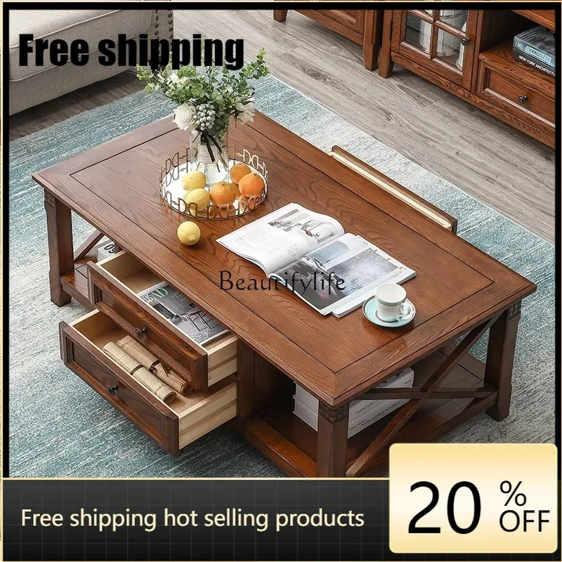 LD American Country Coffee Table Full Solid Wood Living Room Tea Table Ash Wood Walnut Retro