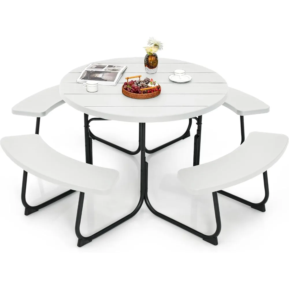 8 Person Picnic Table, Outdoor Round Picnic Table, Umbrella Hole, Metal Frame & HDPE Tabletop, Outside Table and Bench Set