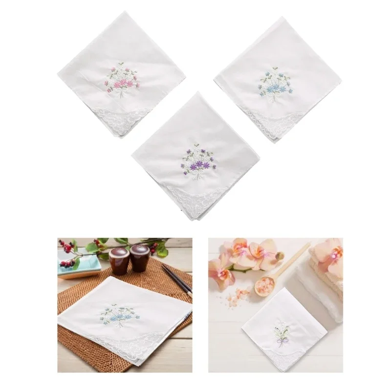 Floral Lace Edging Wedding Party Embroidery Women Girls Flower Hanky