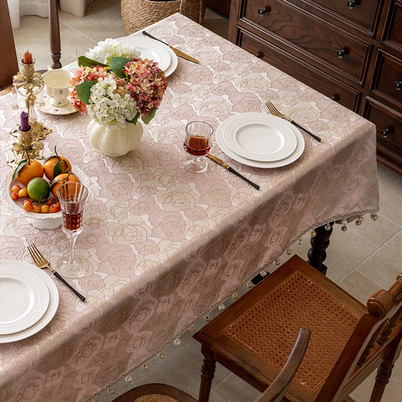 Rose Jacquard Tablecloth Anti-slip Dust-proof Living Room Coffee Table Cover Rectangle Luxury Dining Table Cover Home Decoration