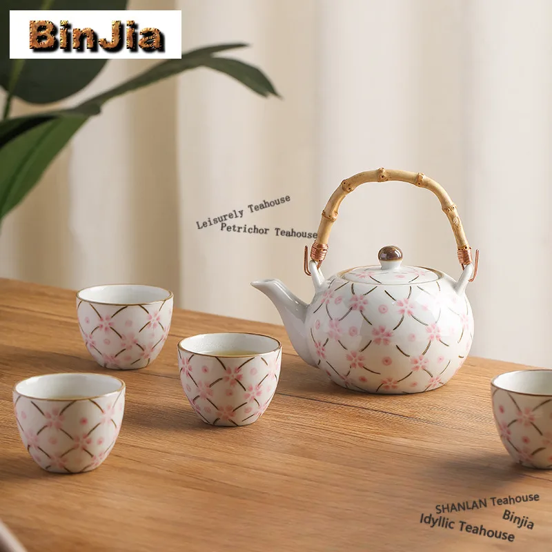 

Чайный сервиз с ручной росписью в виде цветов сакуры, полный комплект для японской чайной церемонии, набор для заваривания чая, чайник и чашки, декоративный чайный набор