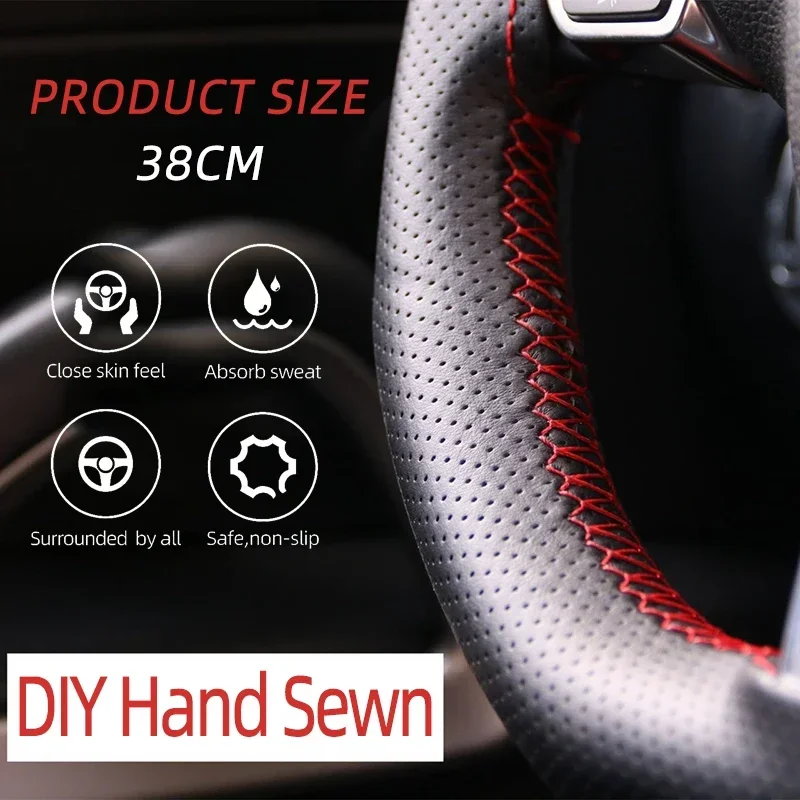 Universal Leather Car Steering Wheel Stitch On Wrap Cover DIY Sewing Breathable and Anti Slip