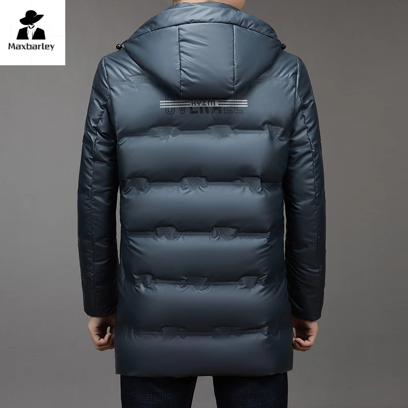 Lange Jacke aus 90 % Entendaunen für Herren, Winter, dick, warm, abnehmbar, mit Kapuze, Daunenjacke, lässig, PU-Leder, wasserdichter Mantel,