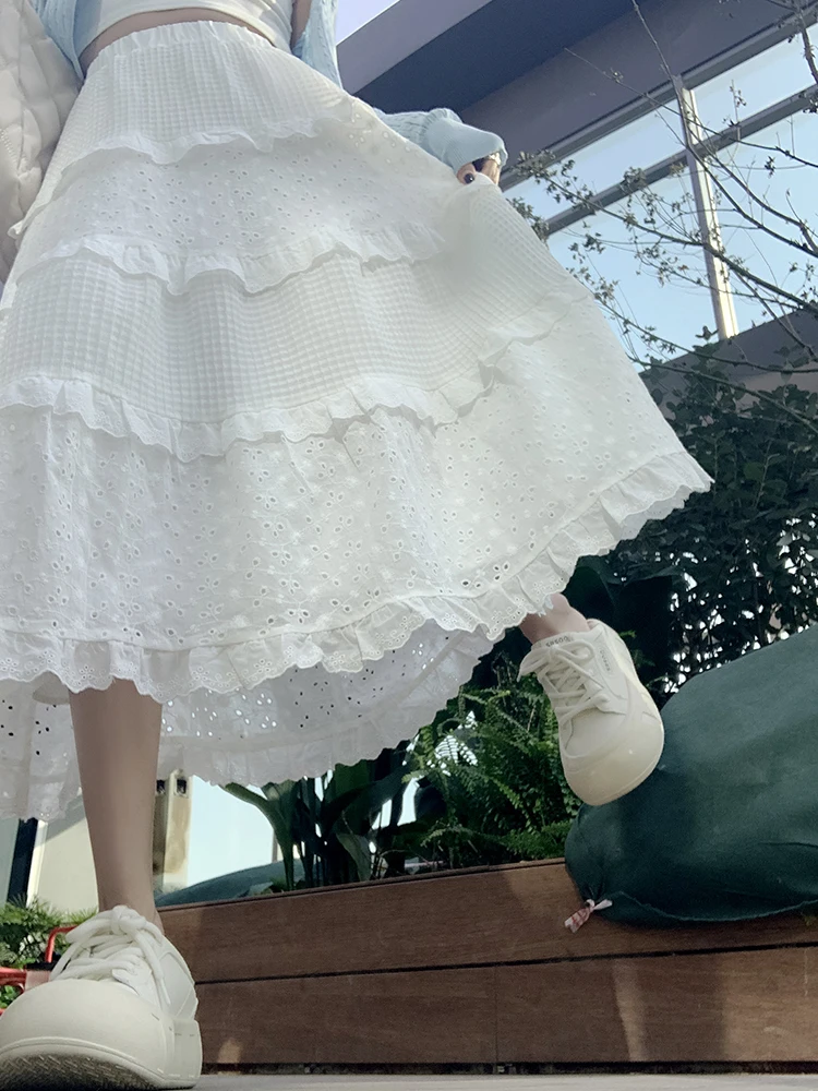 

Summer Thin Lace Trim White f Skirt Women's High Waist A-Line Cake Skirt Sweet Mid-Length Skirt Commute Ele Pure Color