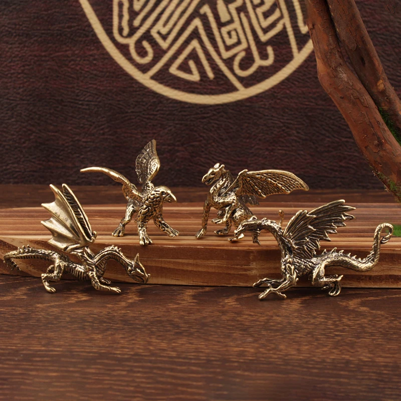 Solid Brass Pterosaur Dragon Small Statue Desktop Ornament Chinese Mythical Beast Figurines Retro Home Feng Shui Decoration