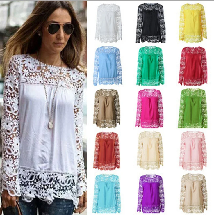 

Oem New Summer Long Sleeve Hollow Out Floral Blouse Lace Chiffon Tops for Women Ladies