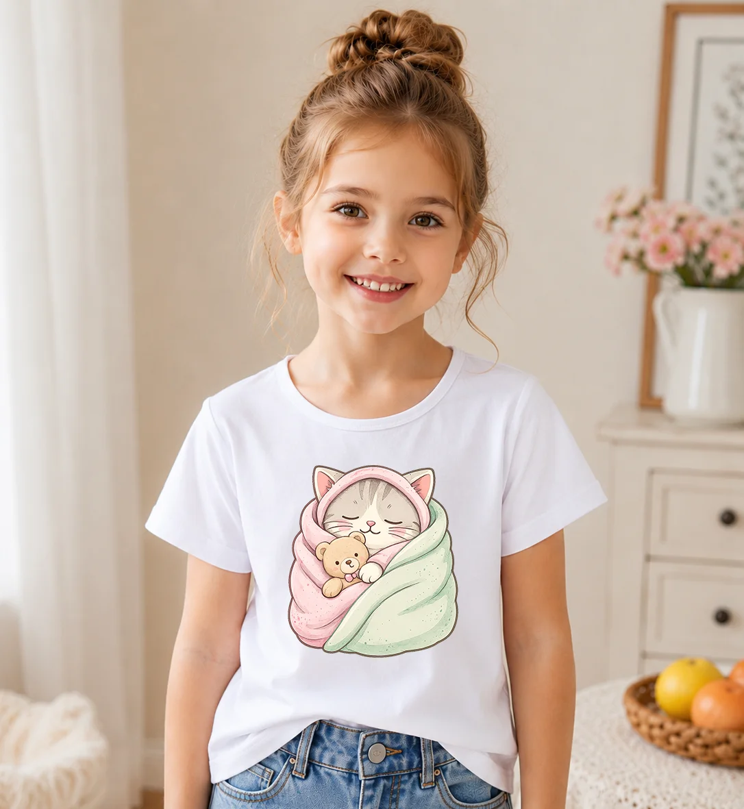 Kawaii Sleeping Cat Print Toddler Girls T Shirts Breathable Cotton Round Neck Short Sleeve Kids Cartoon Animal Daily Wear Tops