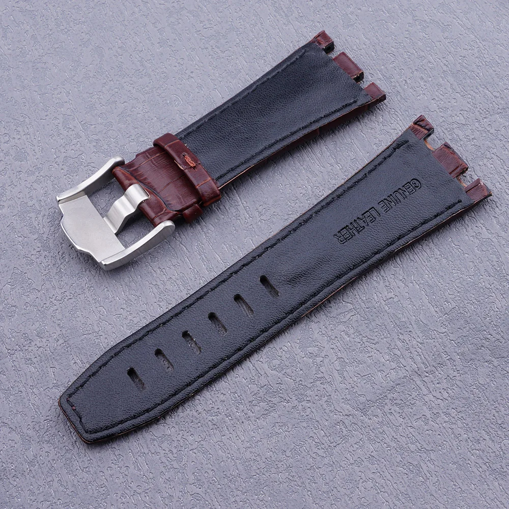 New 28mm Brown Real Leather Handmade Thick Wrist Watch Band Silver Clasp Strap Belt For ROYAL OAK OFFSHORE Audemars Piguet 42mm