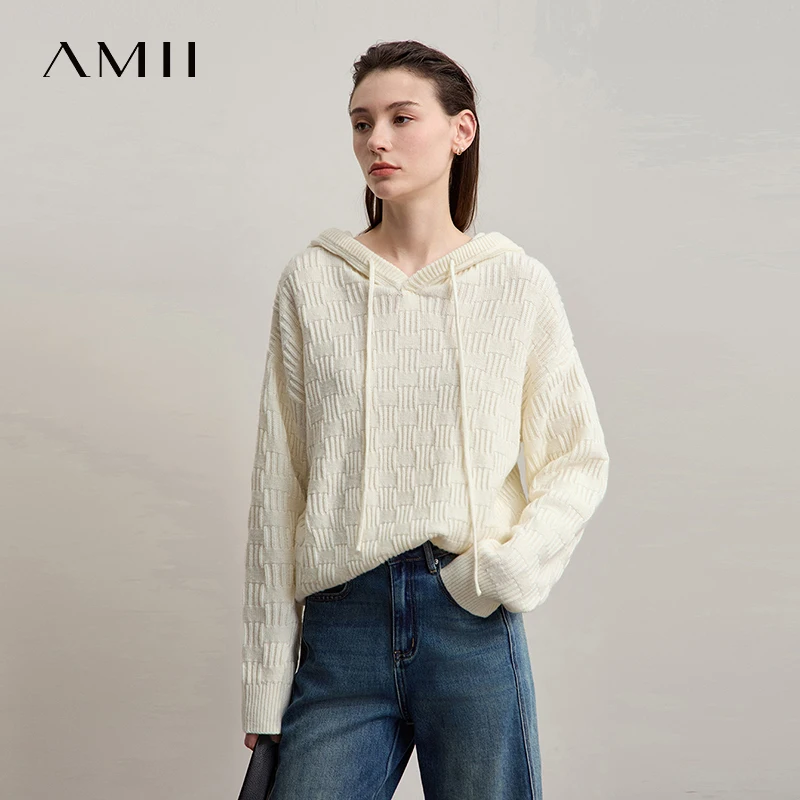 Amii camisola feminina com capuz 2025 inverno novo casual tricô versátil roupas femininas manga longa solta malhas sólidas 12554051