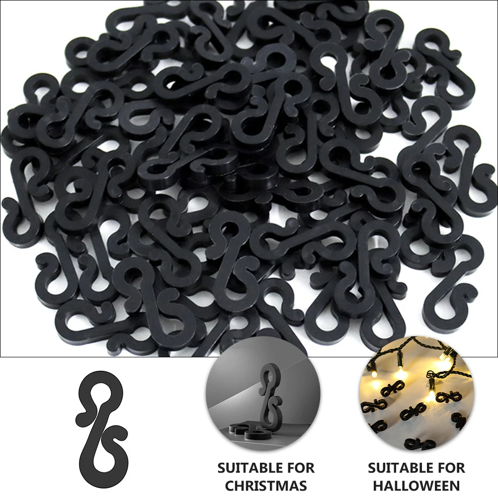 

100pcs Mini Plastic Gutter Hooks Black S Hooks For Christmas Lights Outdoor Decoration Securing Clips Rope Clips