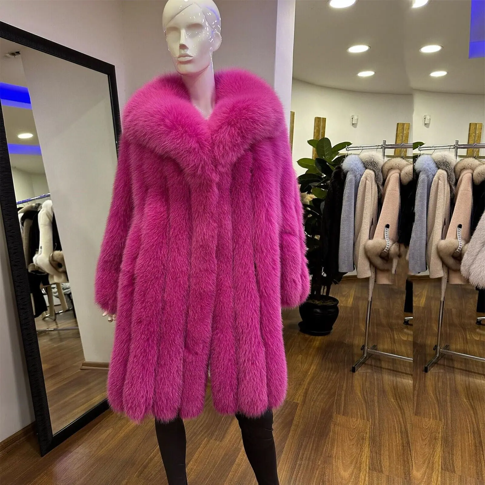 Luxury Women Real Fox Fur Long Coat Fashion Pink Genuine Fur Lapel Overcoat Winter Thick Natural Fox Fur Warm Outwear