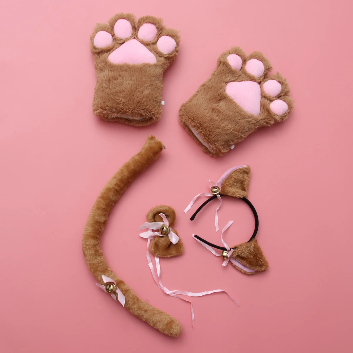 

5pcs Cat Claw Gloves Set Brown Cosplay Costume Adorable Kit Headband Collar Tail Party Accessories One Size High Quality