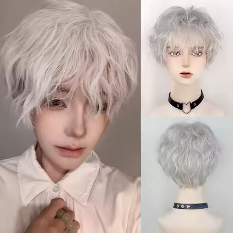 Short Wavy Curly Grey Synthetic Men Wig Heat Resistant Fluffy Women Anime Game Cosplay Wig for Daily Party