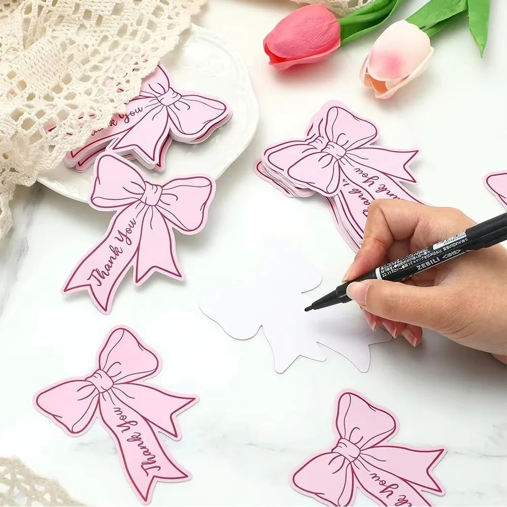 

100pcs 2.5x3.5 Inch Thank You Cards Paper Pink Bow Gift Card Handwritten Style DIY Crafts Cake Decor Tag Happy Valentines Days