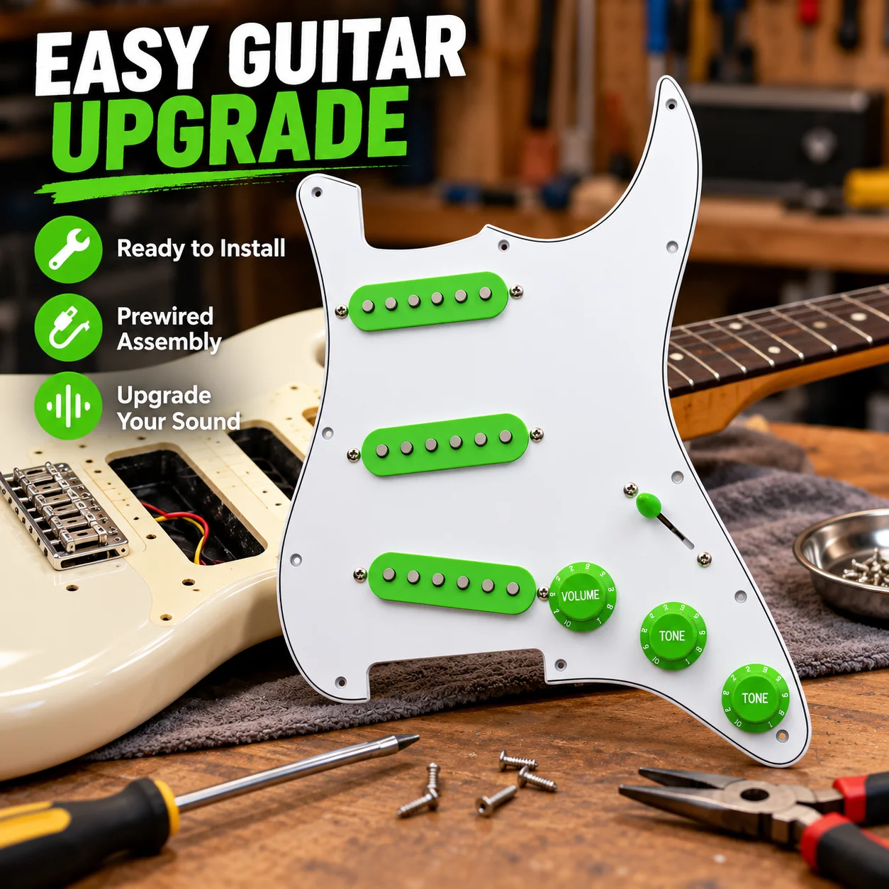 Green SSS Loaded Pickguard for ST Style Electric Guitar 3 Single Coil Pickups Prewired Wiring Harness 5 Way Selector Switch