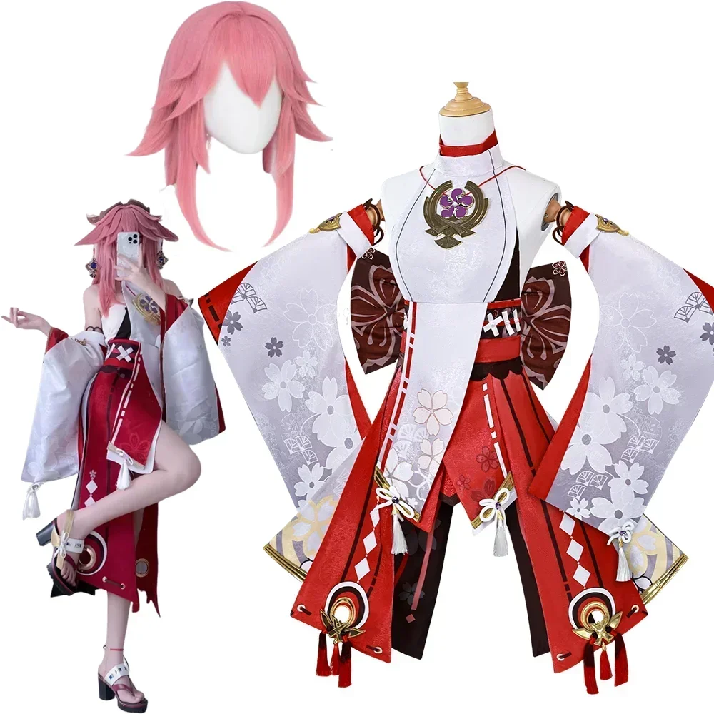 

CosplayGenshin Impact Yae Miko Cosplay Costume Full Set - Guuji Fancy Outfit Dress & Headwear Game Suit for Cosplay Events