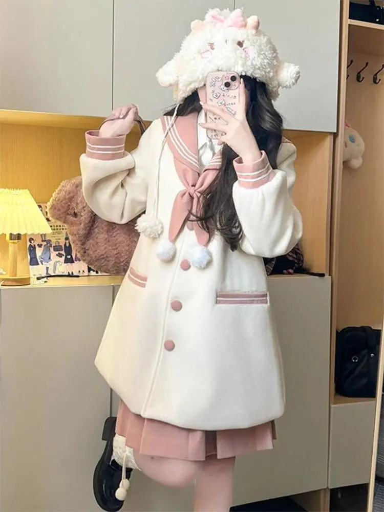 Autumn and Winter JK Uniform Woolen Pink White Coat Suit Sweet Bowknot Navy Collar Jacket Niche Design Pleated Skirt Sets view 5
