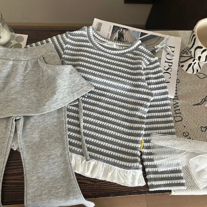

Children's Clothing set 1-9 years Autumn New Girls Striped Bottoming Shirt Children's Foreign Style Fake 2PCS Wintre Leggings