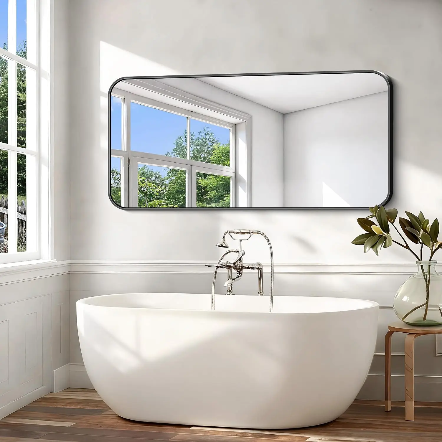 Black 66x30 Inch Aluminum Frame Rectangular Vanity Mirror Rounded Corner Wall Mounted Over Sink Bedroom Living Room Horizontal V