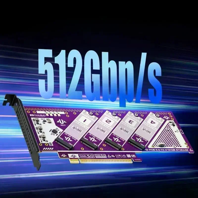 

1Pcs 4-Bay NVMe RAID 0/1/5/JBOD 512Gb/s Speed 8TB Per SSD PCIe 4.0/3.0 Compatible PCIe 5.0 X16 Quad M.2 Expansion Card
